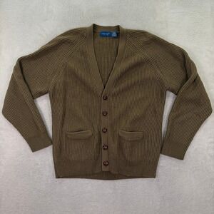 Towncraft Men Medium Cardigan Sweater Brown Ribbed Knit V-Neck Vintage Style 90s
